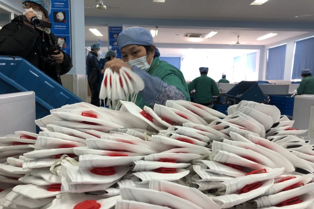 The production line at Shanghai Dasheng Mask. The company is producing 80,000 masks a day, but its output could reach 200,000 pieces in 10 to 15 days, its chairman says. Photo: Daniel Ren