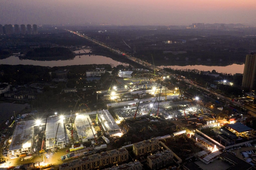 Construction of the Huoshenshan temporary hospital in Wuhan is under way and it is expected to be ready next week. Photo: Xinhua via AP