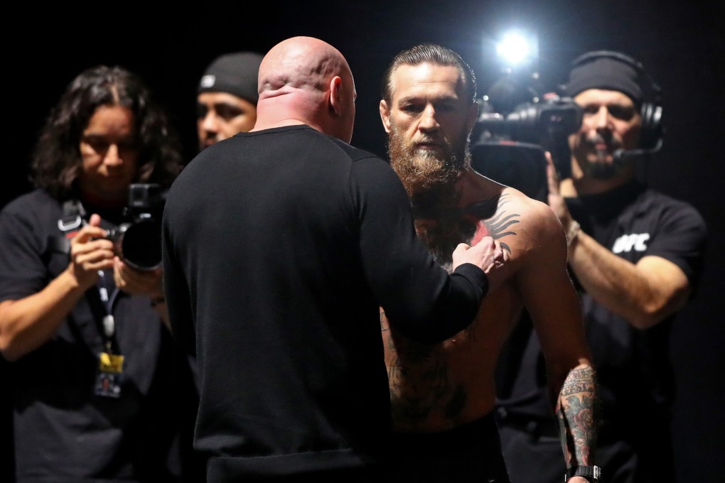 UFC president Dana White (left) talks to Conor McGregor before the UFC 246 weigh-ins in January. Photo: USA Today