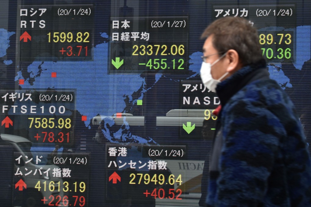 A pedestrian walks in front of an electric quotation board displaying share prices of world bourses in Tokyo on January 27, when global stocks suffered their worst day in almost four months. Photo: AFP
