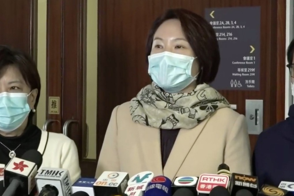 DAB’s Starry Lee (centre) meets the press. Photo: RTHK