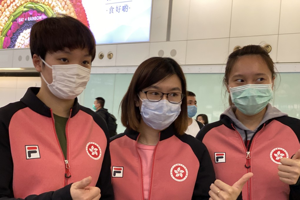 Hong Kong women's table tennis players wear masks on their return from Portugal. From left: Doo Hoi-kem, Lee Ho-ching, Minnie Soo Wai-yam. Photo: Chan Kin-wa