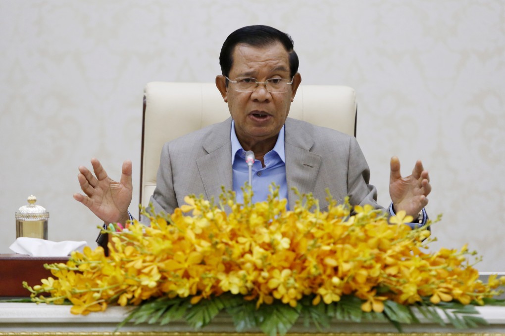 Cambodian Prime Minister Hun Sen gives a speech concerning efforts to contain the coronavirus. Photo: EPA