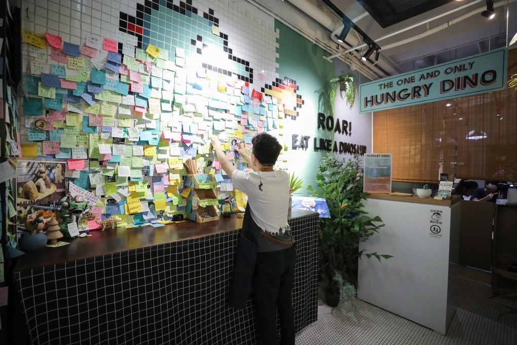 A ‘Lennon Wall’ expressing support for Hong Kong’s protesters inside the Hungry Dino restaurant in Causeway Bay. Photo: Dickson Lee
