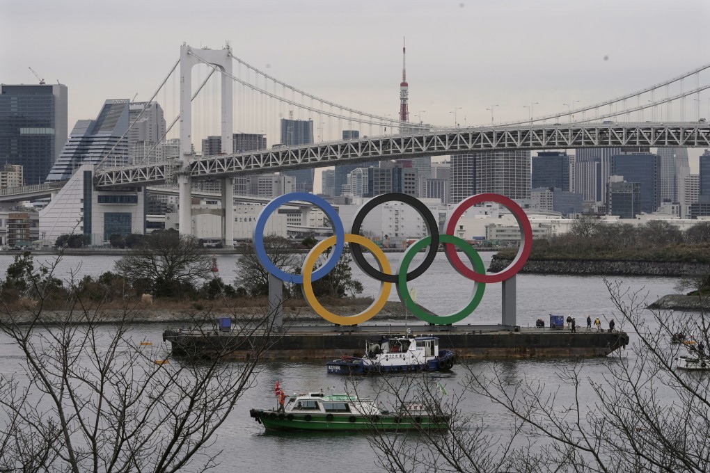The Olympic Rings monument on a vessel is installed at Odaiba, Tokyo, on January 17. Photo: EPA