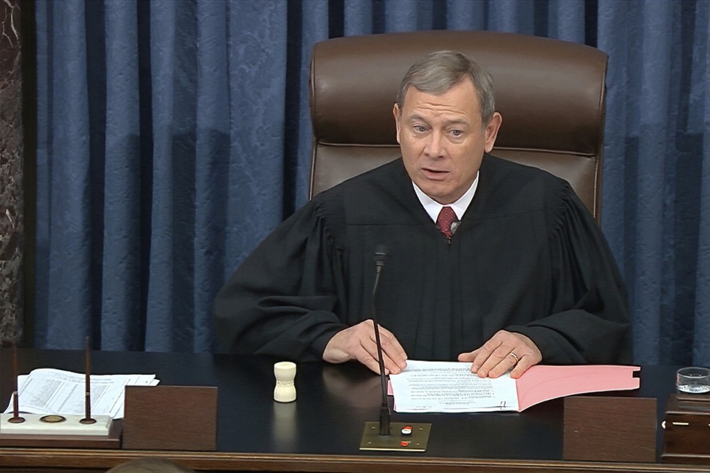 Chief Justice of the United States John Roberts speaks before the vote in the impeachment trial against President Donald Trump. Photo: Senate Television via AP