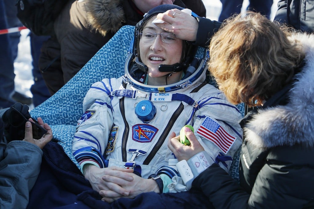 Christina Koch touched down on the Kazakh steppe after 328 days in space. Photo: AP