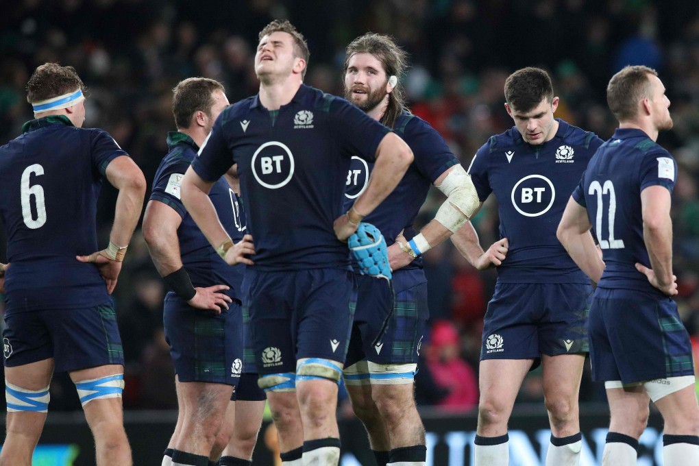 Scotland players react at the final whistle after the Six Nations loss to Ireland in Dublin last week. Photo: AFP