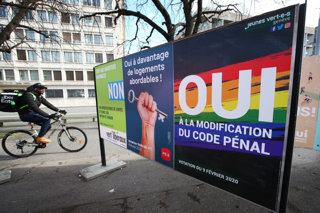 A poster in favour of the change of the penal code is pictured ahead of a referendum on anti-homophobia law in Geneva. Photo: Reuters