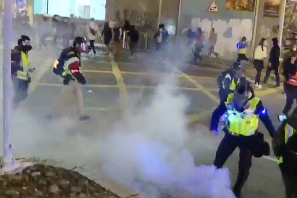 Riot police fired several rounds of tear gas to disperse anti-government protesters in Tseung Kwan O on February 8. Photo: Handout