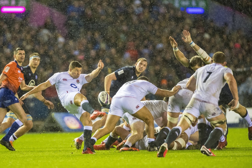 England's Ben Youngs clears with a box kick during the Six Nations match against Scotland. Photo: EPA