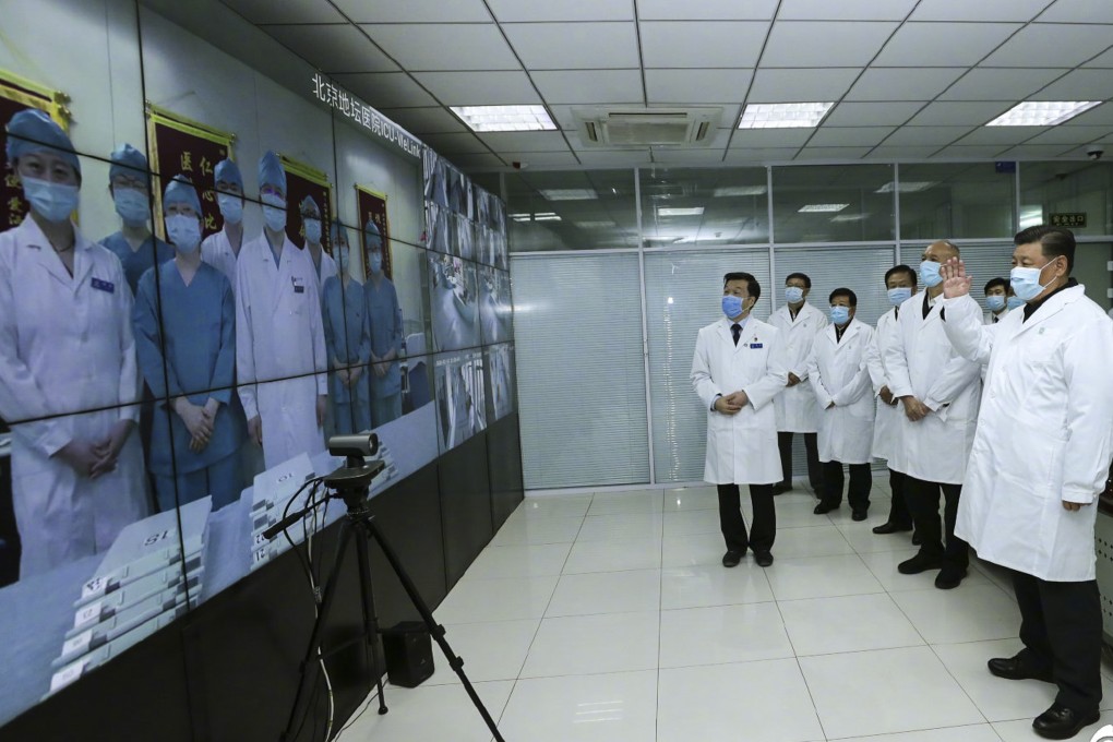 President Xi Jinping visits Ditan Hospital in Beijing on February 10 and holds a video conference with doctors in Wuhan who are fighting the coronavirus epidemic. Photo: Xinhua