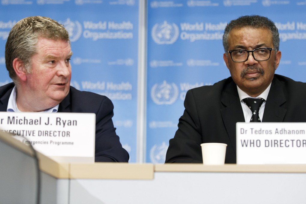 Michael Ryan, head of the World Health Organisation's Health Emergencies programme, and Tedros Adhanom Ghebreyesus, the WHO’s director general, taking questions Monday at a briefing in Geneva, Switzerland, updating the situation regarding the coronavirus outbreak. Photo: EPA-EFE