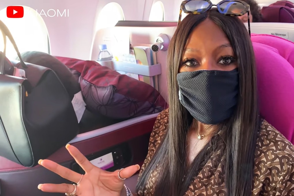 Naomi Campbell on a flight from Nice, France to Doha, Qatar on which she shot a video explaining her meticulous personal hygiene regime when travelling. Photo: courtesy of YouTube