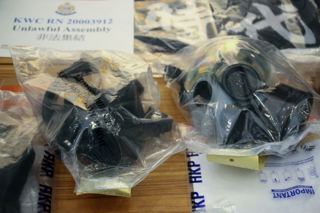 Police displayed items including gas masks seized from 12 suspects arrested for an illegal gathering at Kwai Luen Estate in Kwai Chung in Hong Kong. Photo: Handout