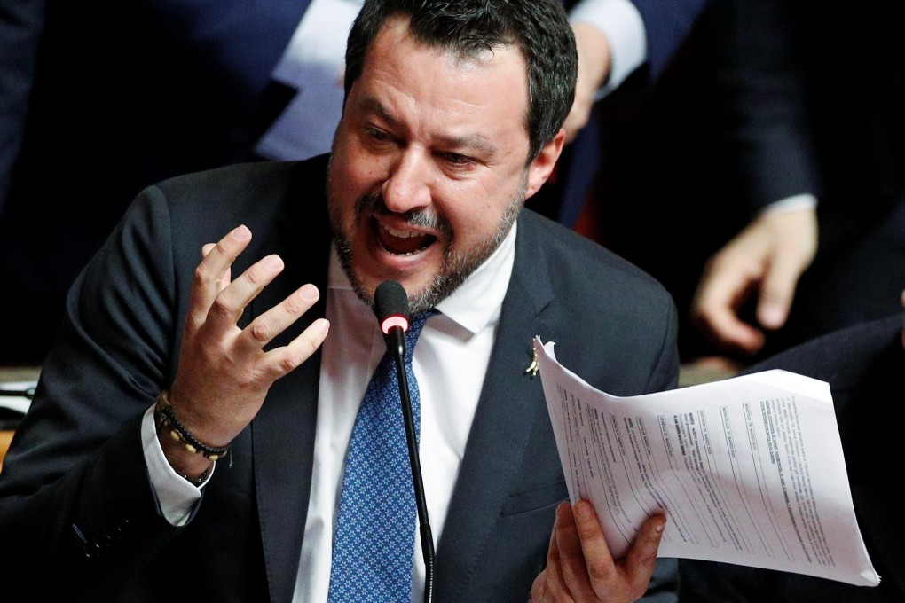 Italian far-right leader Matteo Salvini gestures at the Senate ahead of the vote on Tuesday. Photo: Reuters