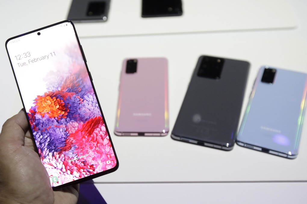 Samsung Galaxy S20 smartphones displayed on Tuesday at the Unpacked 2020 event in San Francisco, California, the US. Photo: AP Photo/Jeff Chiu