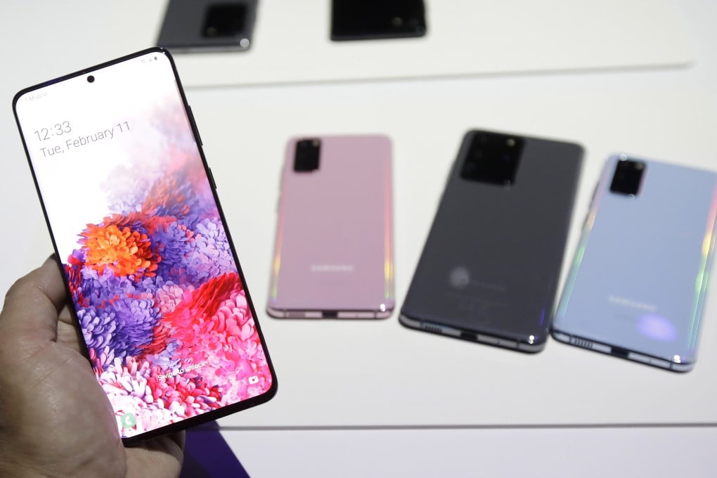Samsung Galaxy S20 smartphones displayed on Tuesday at the Unpacked 2020 event in San Francisco, California, the US. Photo: AP Photo/Jeff Chiu