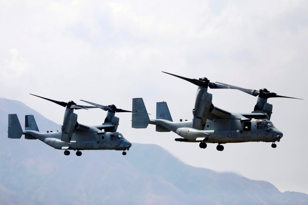 Two Osprey aircraft are seen during US-Philippines war games in Zambales province in the Philippines in April 2019. Photo: Reuters