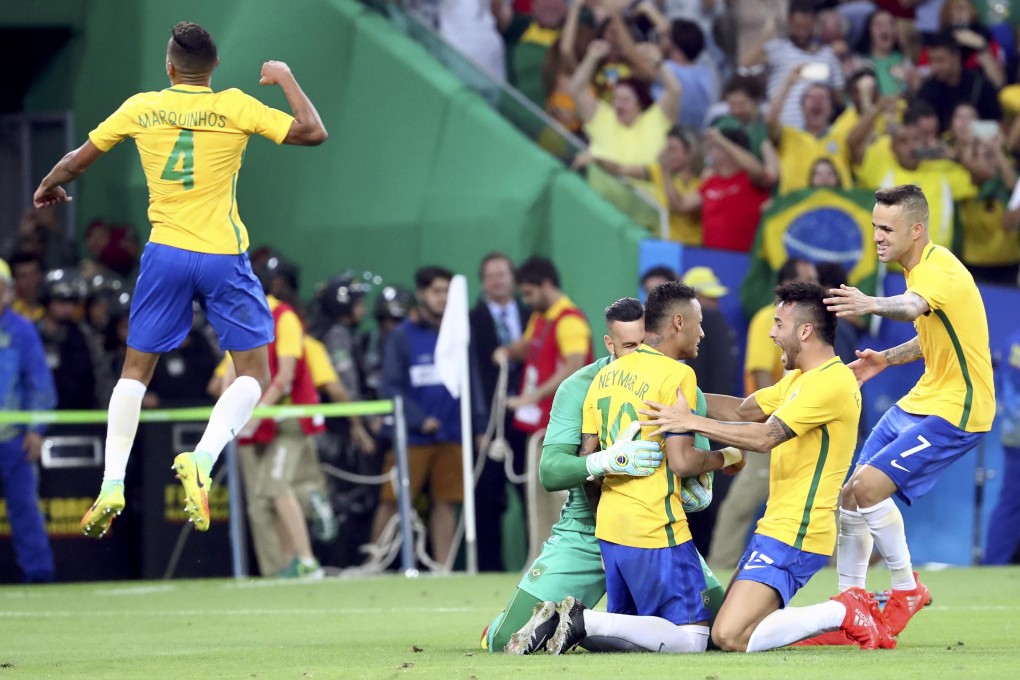 Neymar and his Brazil teammates celebrate winning Olympic gold in 2016. Photo: Reuters