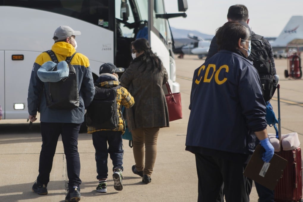 Evacuees from China at Marine Corps Air Station in Miramar, California last week. Photo: AP