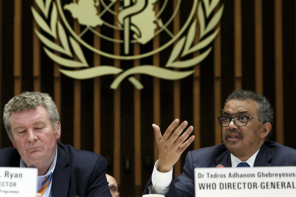 Tedros Adhanom Ghebreyesus (right), director general of the World Health Organisation (WHO), sitting next to Michael Ryan, executive director of the WHO’s Health Emergencies programme, at the coronavirus briefing on Wednesday in Geneva, Switzerland. Photo: EPA-EFE