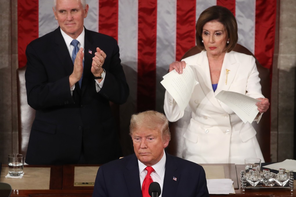 House Speaker Nancy Pelosi tears up her copy of President Trump’s state-of-the-nation speech on February 4, in a “courteous” expression of disapproval. Photo: AFP