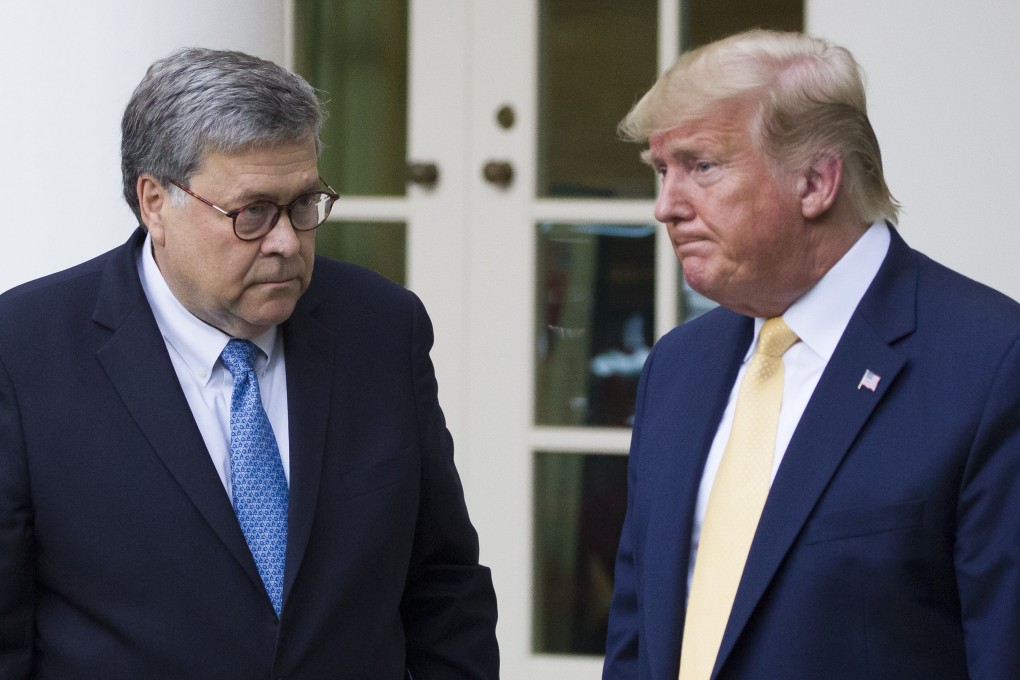 US Attorney General William Barr (left) and President Donald Trump turn to leave after speaking in the Rose Garden of the White House in July. Photo: AP