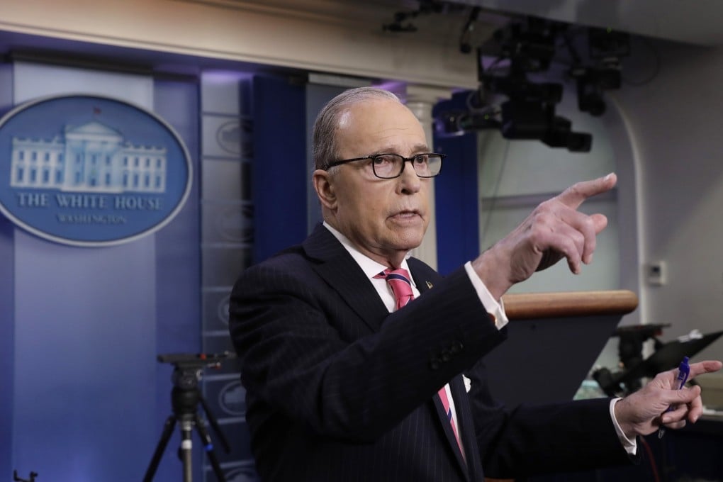 White House economic advisor Larry Kudlow speaks during a television interview at the White House on Thursday. Photo: TNS