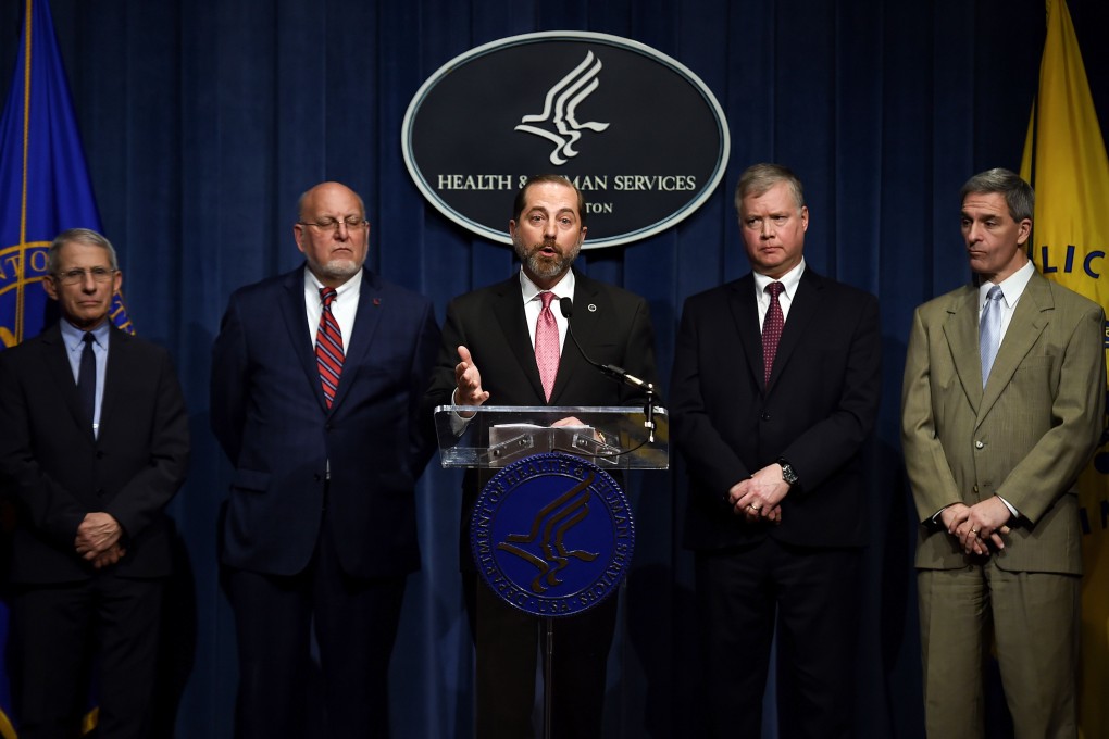 US Health and Human Services Secretary Alex Azar (centre) speaks at a press conference on Friday as officials from the National Institutes of Health, Centres for Disease Control and Prevention and US Citizenship and Immigration Services look on. Photo: AFP