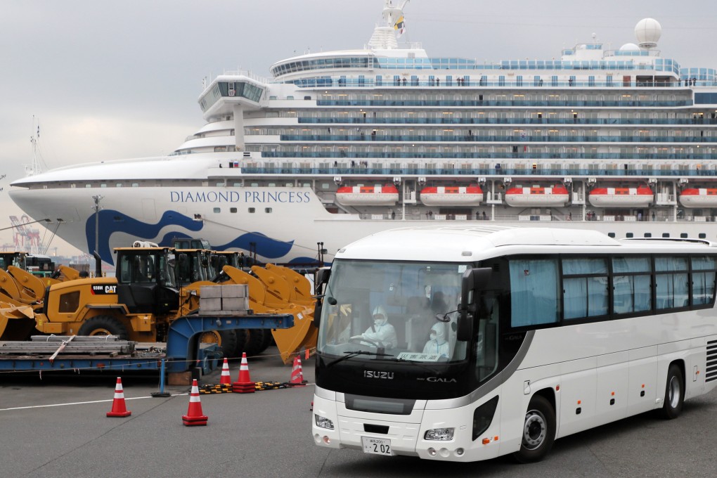 A bus believed to carry elderly passengers of the Diamond Princess cruise ship leaves the cruise terminal in Yokohama on February 14, 2020. Photo: EPA-EFE