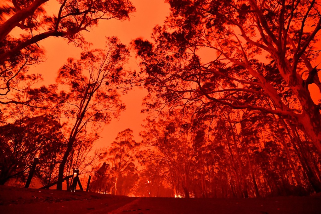 The afternoon sky glows red from bush fires in the area around the town of Nowra in the Australian state of New South Wales on December 31, 2019. Photo: AFP