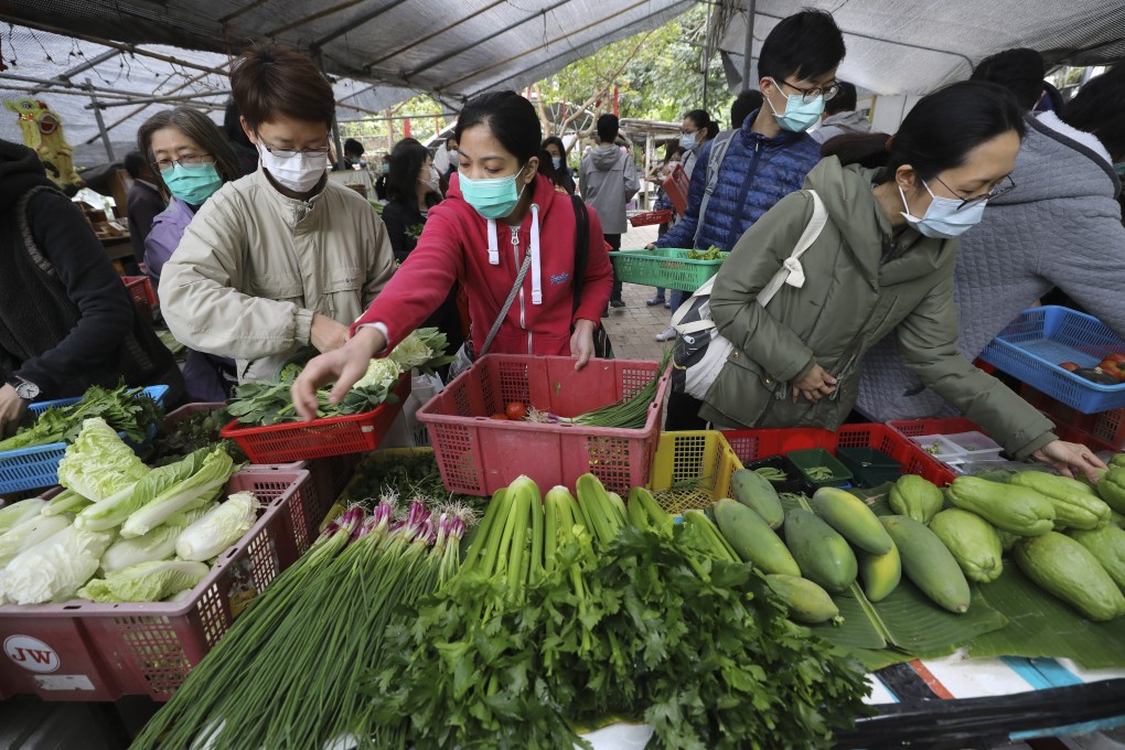 People purchase vegetables at Mapopo Community Farm in Ma Shi Po Village in Fanling. Photo: Dickson Lee
