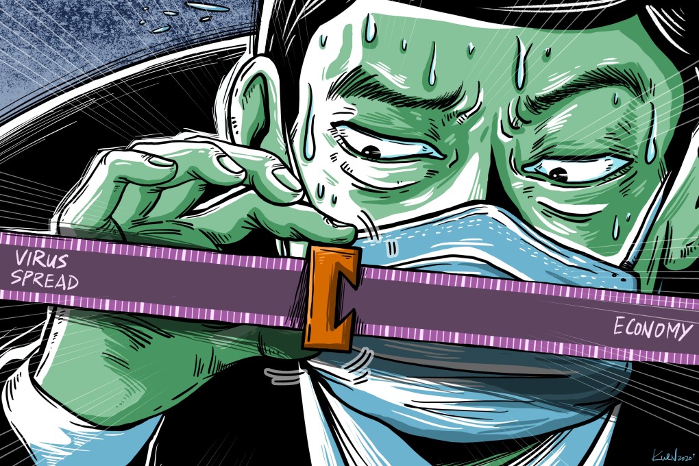 The coronavirus, which has killed more than 1,100 people and infected nearly 45,000, shows few signs of being contained, stoking fears of a potential spike in infections as people return to work. Illustration; Lau Ka-kuen