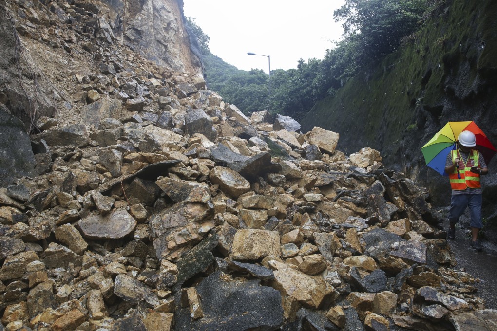 Torrential rain from Typhoon Merbok in 2017 caused a landslide on Tai Lam Road on Hong Kong island. Photo: Sam Tsang