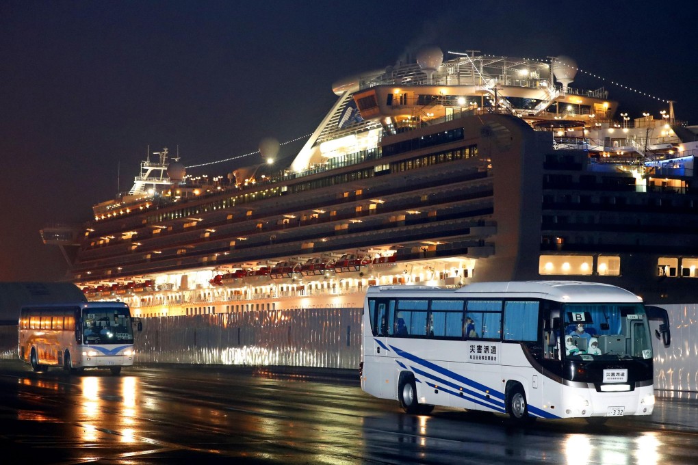 Buses carrying US passengers leave Yokohama port on Monday, February 17, 2020. Photo: Kyodo News via AP
