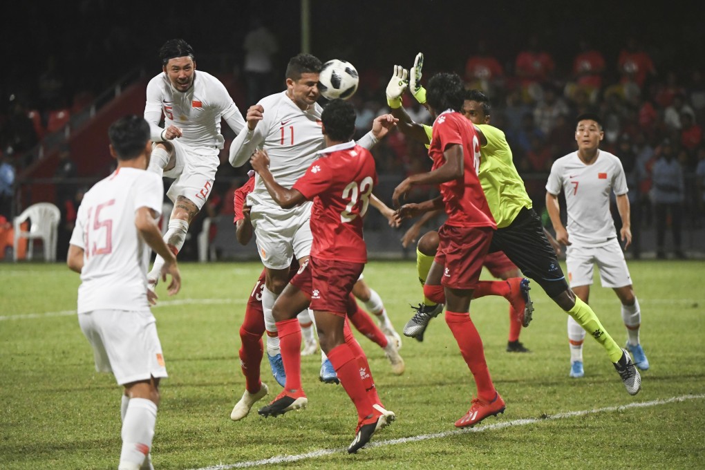 China beat Maldives 5-0 in Male with the help of naturalised player Ai Kesen (No 11). They now plan to play the return home match in Thailand because of the spread of coronavirus. Photo: Xinhua