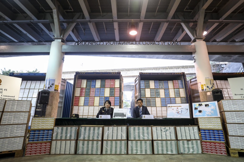 Hong Kong customs displays the massive haul of cigarettes. Photo: Winson Wong