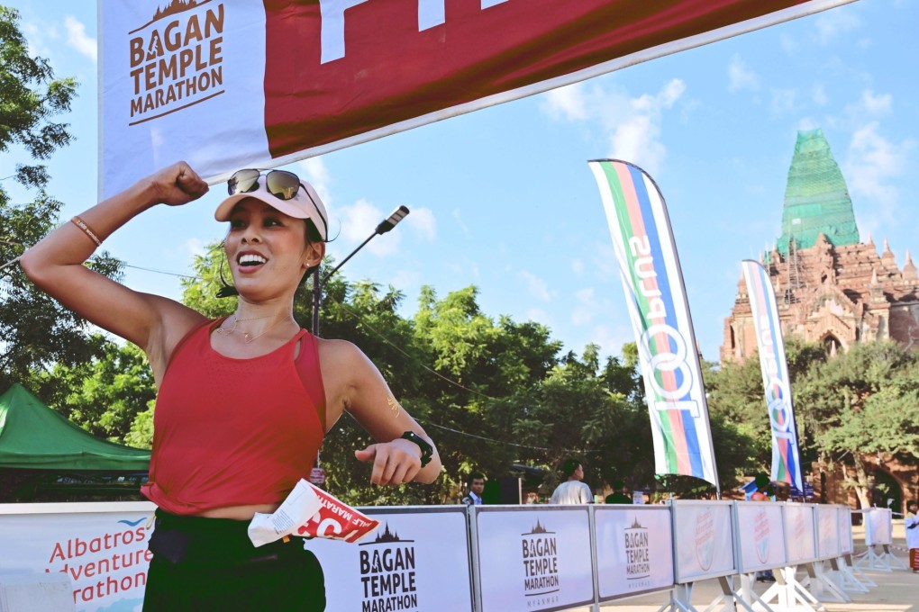 Nicky Inge finishes the Bagan Temple Marathon in Myanmar. She hopes to inspire others to enter the Running World Cup. Photo: Handout