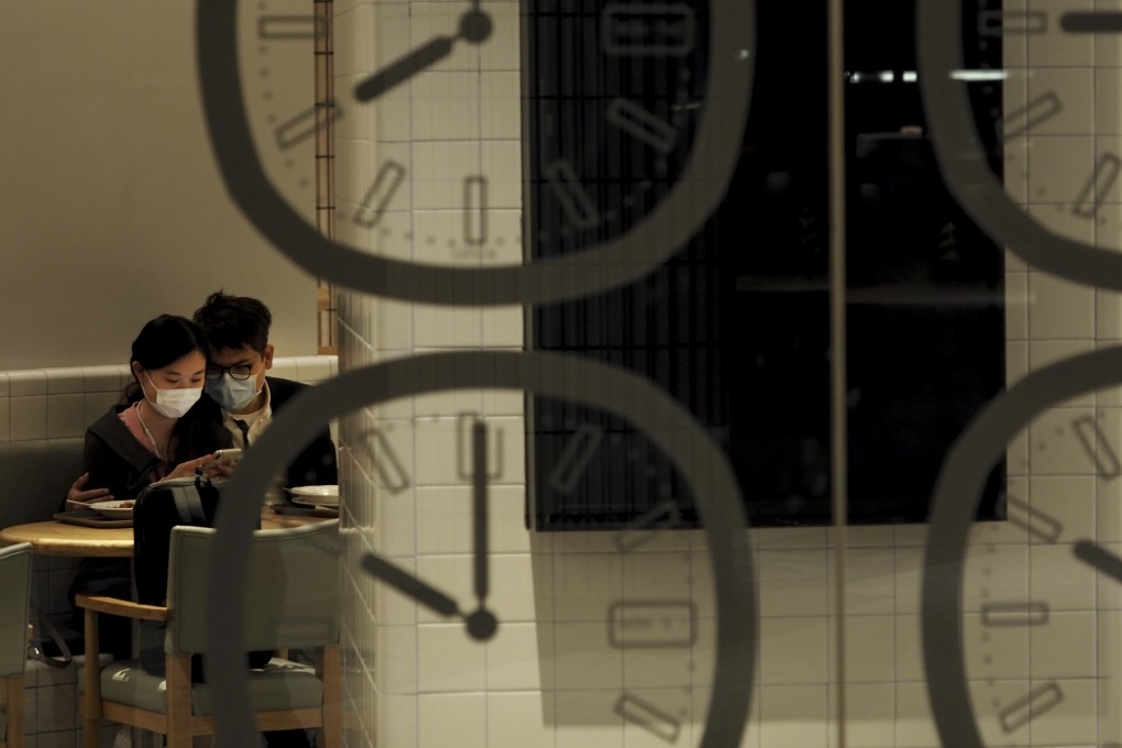 A couple with masks at a restaurant in Tsim Sha Tsui, Hong Kong, amid the coronavirus outbreak. Photo: Martin Chan