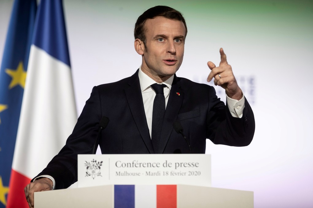 French President Emmanuel Macron speaks during his visit to Mulhouse, France on Tuesday. Photo: Reuters