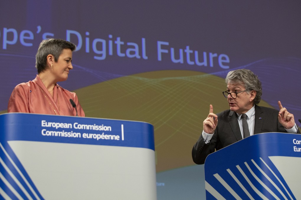 European Commissioner for Internal Market Thierry Breton, right, and Margrethe Vestager, the European Commissioner for Europe fit for the Digital Age, lead the presentation of Europe's Digital Future at the EU headquarters in Brussels, Belgium, on February 19. Photo: AP
