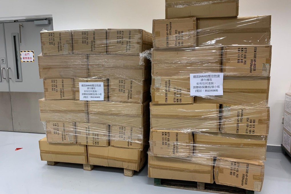 Boxes of masks donated by Investcorp, a management fund company headquartered in Bahrain, are stored at the Hospital Authority's warehouse after arriving in Hong Kong earlier this week. Photo: Handout