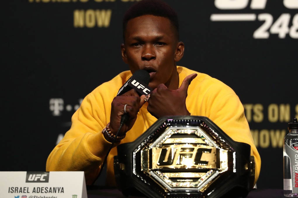 Israel Adesanya talks during a press conference for UFC 248 in Houston. Photos: AFP