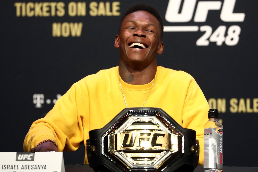 Israel Adesanya talks during a press conference for UFC 248. Photo: AFP