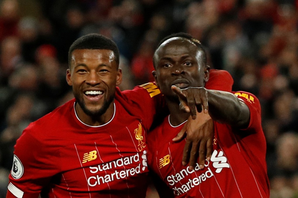 Liverpool’s Sadio Mane (right) celebrates scoring a goal with Georginio Wijnaldum against West Ham. Photo: Reuters