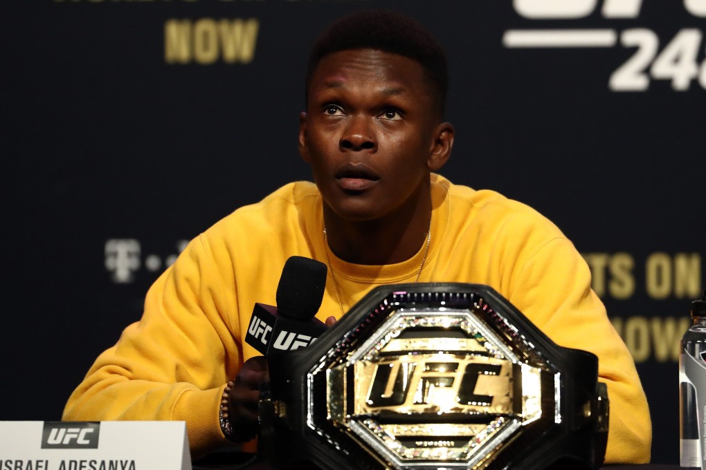 Israel Adesanya talks during a press conference for UFC 248. Photo: AFP