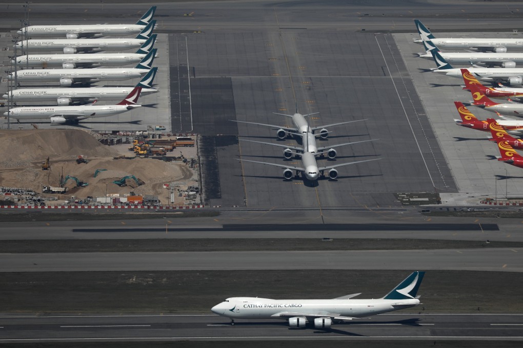 Cathay Pacific aircraft are seen lined up on the tarmac at Hong Kong International Airport. Photo: Sam Tsang