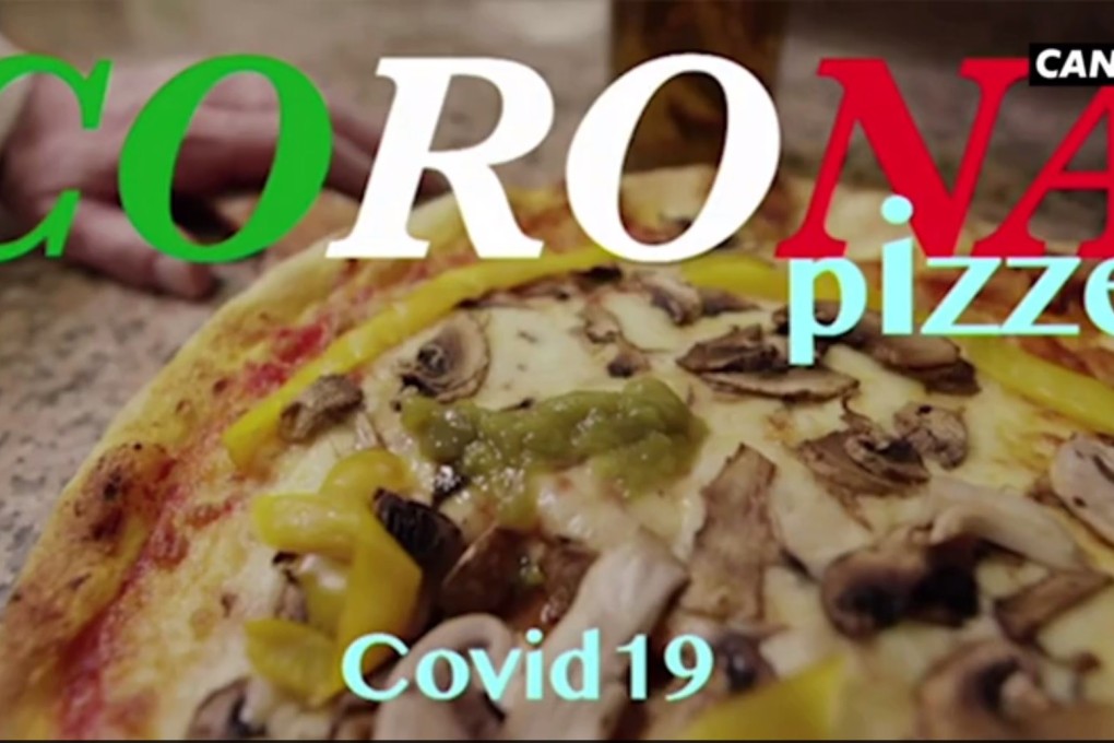 A screen grab from a mock ad by French television channel Canal+ that shows a chef coughing green phlegm over a “corona pizza”. Photo: Canal+ via Twitter