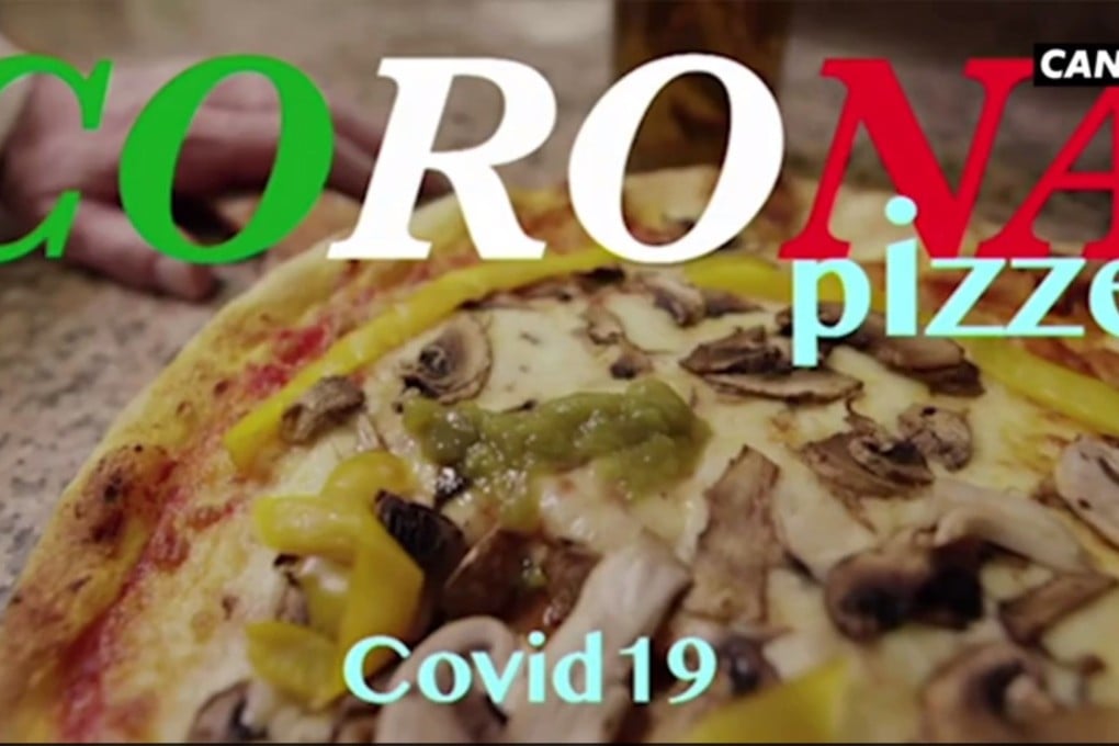 A screen grab from a mock ad by French television channel Canal+ that shows a chef coughing green phlegm over a “corona pizza”. Photo: Canal+ via Twitter